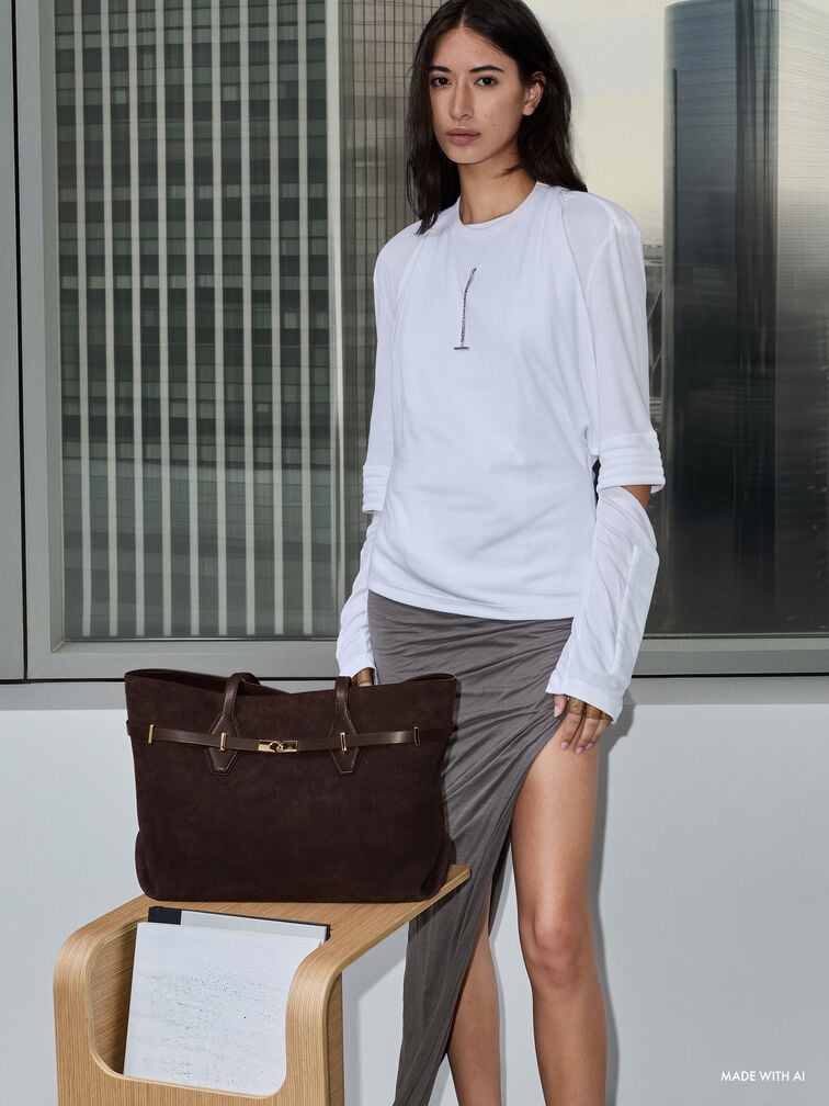 Arlet Recycled Suede Double-Handle Belted Tote Bag, Espresso Brown, hi-res