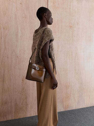 Gabine Leather Belted Bucket Bag, Brown, hi-res