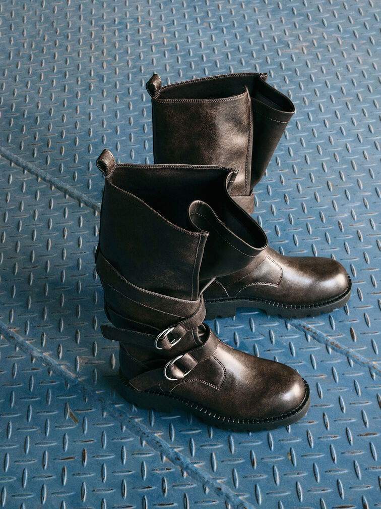 Double-Strap Knee-High Boots, Dark Brown, hi-res