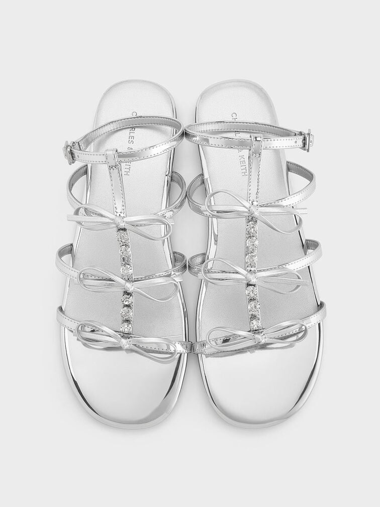 Metallic Gem-Embellished Bow T-Bar Sandals, Silver, hi-res