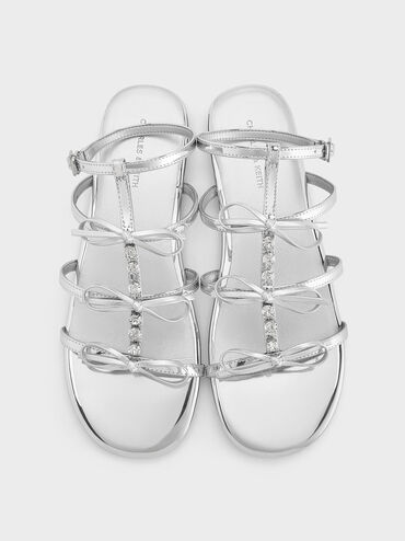 Metallic Gem-Embellished Bow T-Bar Sandals, Silver, hi-res