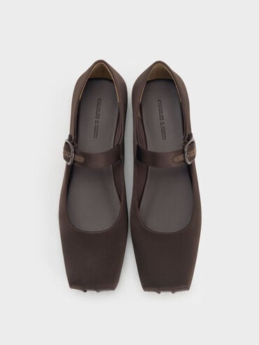 Satin Buckled Square-Toe Mary Jane Flats, Dark Brown Textured, hi-res