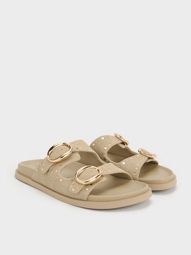 Studded Buckled Double-Strap Slides, Beige, hi-res
