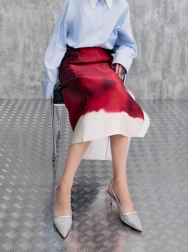 Mesh & Lace Pointed-Toe Slingback Pumps, Silver, hi-res