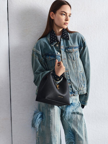 Chance Recycled Leather Turn-Lock Bucket Bag, Black, hi-res