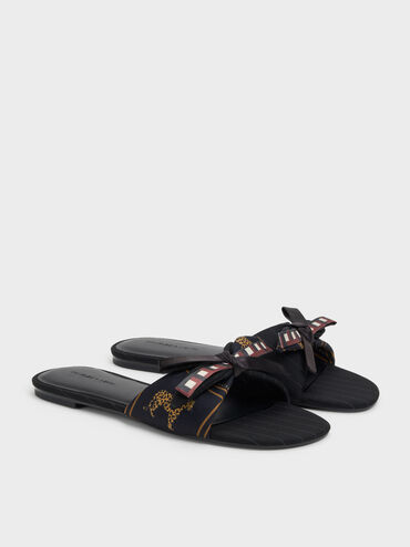 Satin Printed Bow Slide Sandals, Black Textured, hi-res