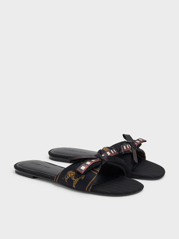 Satin Printed Bow Slide Sandals, Black Textured, hi-res