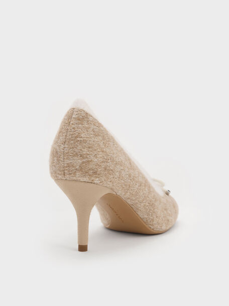 Two-Tone Knitted Bow Pumps, Beige, hi-res
