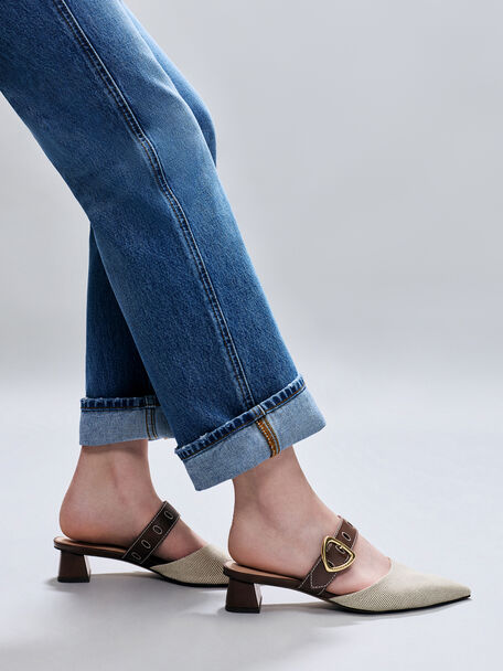 Sepphe Twill Buckle-Strap Heeled Mules, Brown, hi-res