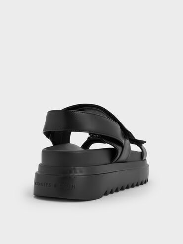 Double-Strap Ridged-Sole Flatform Sandals, Black, hi-res