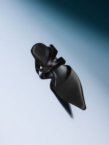 Satin Pleated-Strap Heeled Mules, Black Textured, hi-res