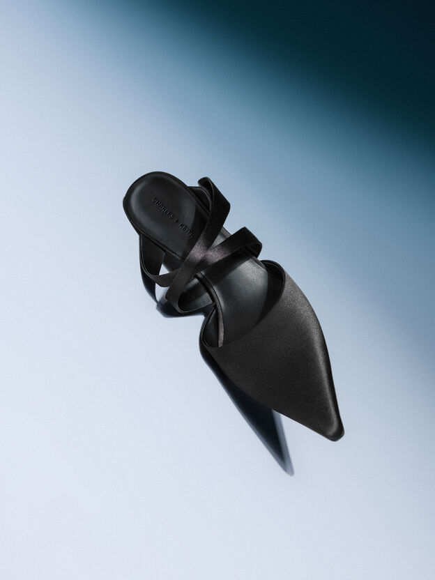 Satin Pleated-Strap Heeled Mules, Black Textured, hi-res