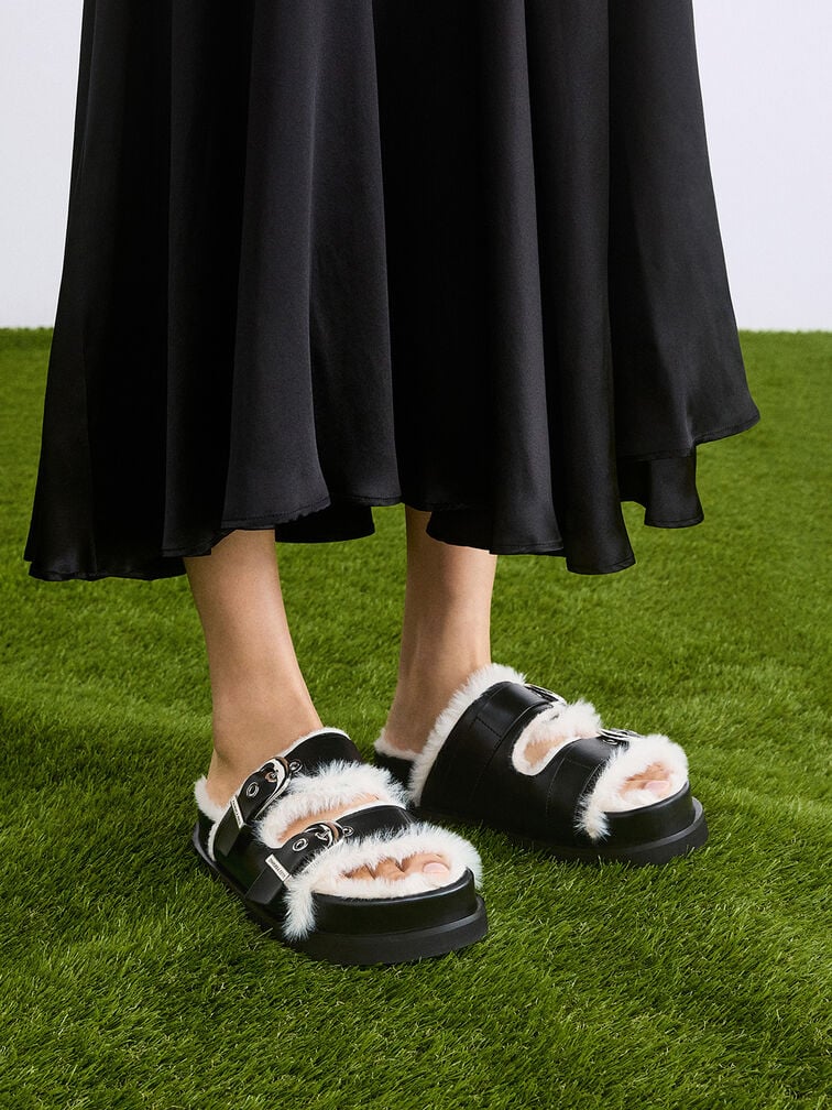 Hannah Furry Buckled Double-Strap Sandals, Black Hannah Furry Buckled Double-Strap Sandals, Black, hi-res