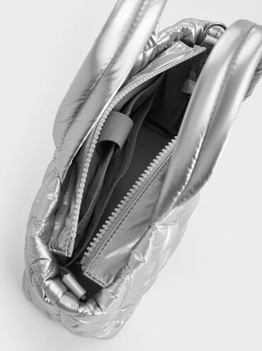 Nylon Chevron Boxy Tote Bag, Silver, hi-res