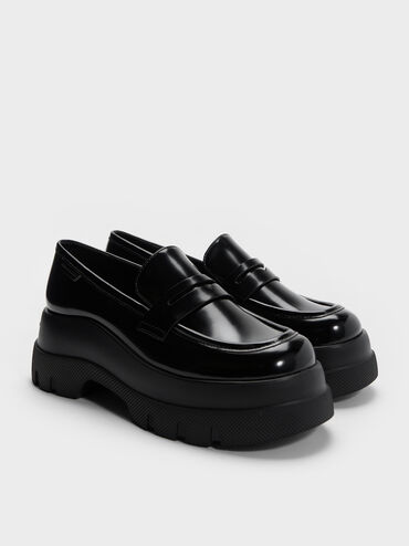 Leoi Platform Penny Loafers, Black Box, hi-res