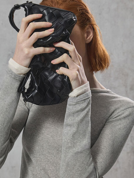 Ivette Woven Shoulder Bag, Noir, hi-res