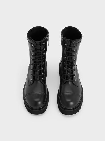 Triple-Buckle Lace-Up Ankle Boots, Black, hi-res