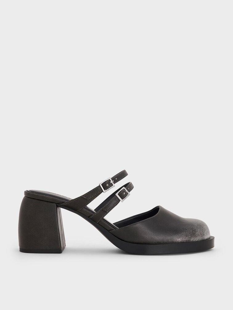 Double-Strap Platform Mules, Black, hi-res