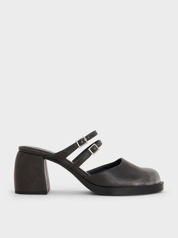 Double-Strap Platform Mules, Black, hi-res