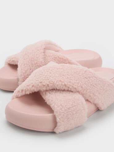 Lumi Faux Shearling Crossover-Strap Slide Sandals, Pink, hi-res