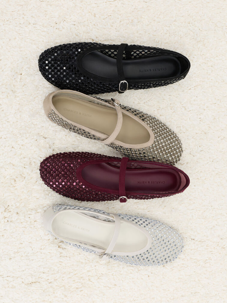 Maggie Mesh Crystal Mary Janes, Burgundy, hi-res