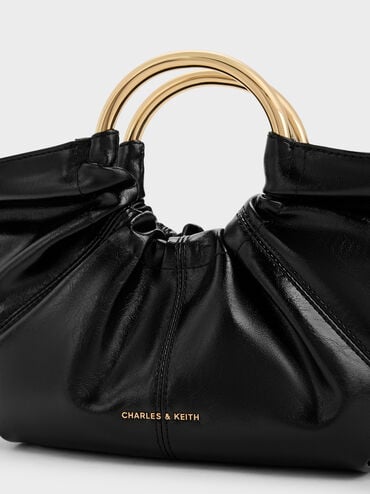 Ciara Ruched Metal Top Handle Bag, Black, hi-res