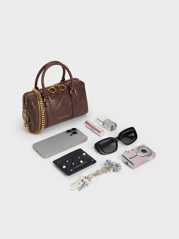 Philomena Panelled Chain-Handle Bowling Bag, Distressed Coffee, hi-res