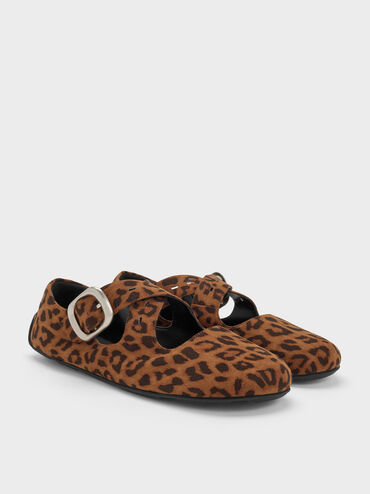 Faux Suede Leopard-Print Crossover-Strap Mary Janes, Animal Print Brown, hi-res