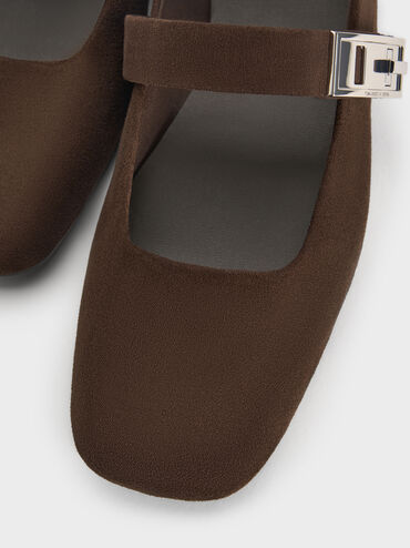 Lando Faux Suede Metallic-Buckle Mary Jane Flats, Dark Brown Textured, hi-res