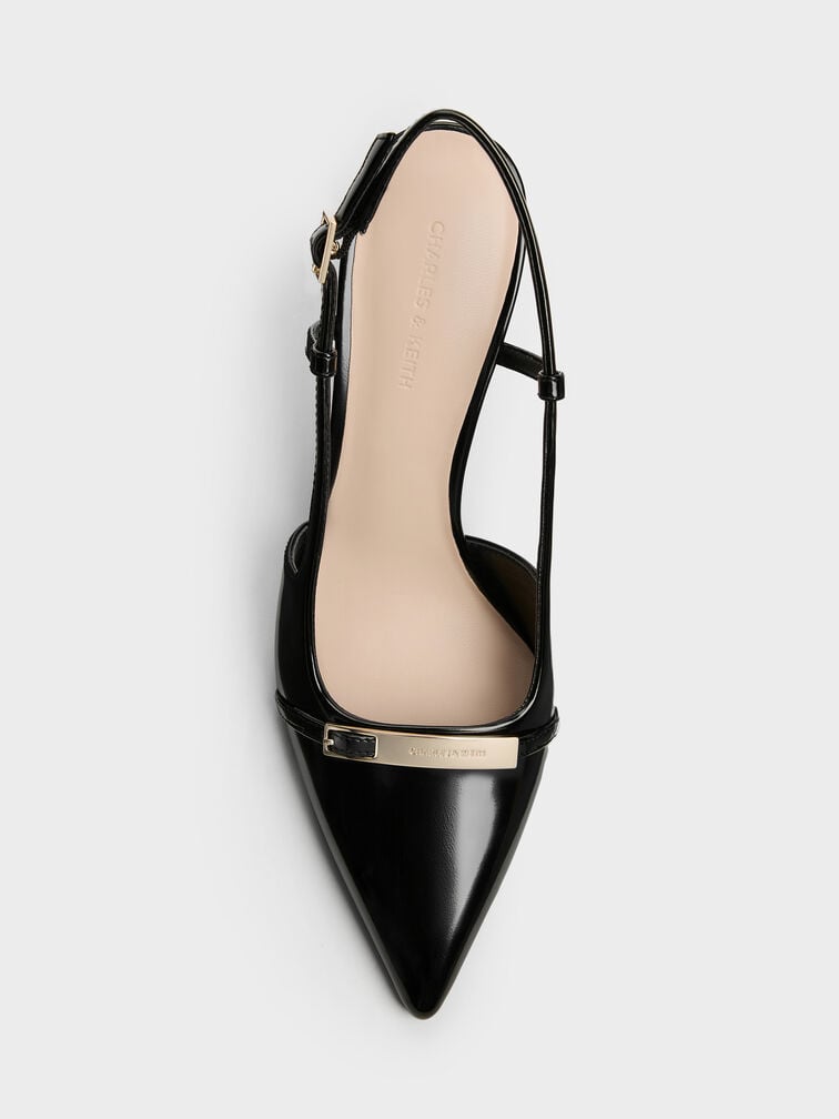 Metallic-Bar Pointed Slingback Pumps, Black Box, hi-res