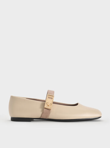 Lando Two-Tone Metallic-Buckle Mary Jane Flats, Chalk, hi-res