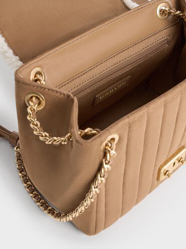 Donna Faux Suede Fur-Trim Shoulder Bag, Tan, hi-res