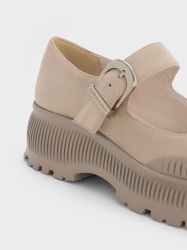 Darra Faux Suede Ridged-Sole Platform Mary Janes, Beige, hi-res