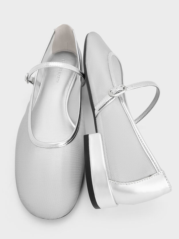 Gertrude Embroidered-Mesh Mary Janes, Silver, hi-res