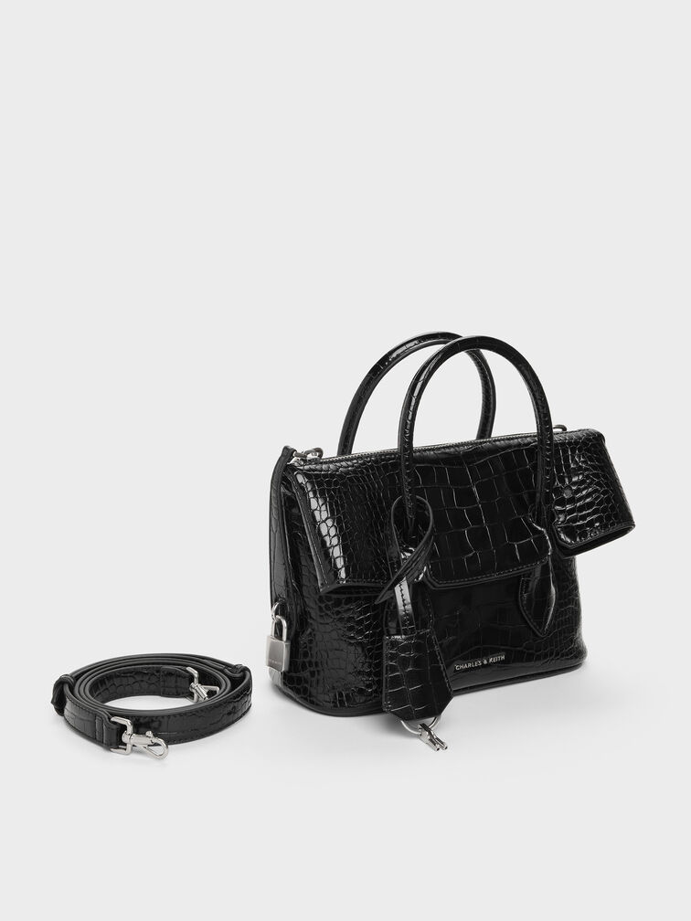 Aveline Croc-Effect Front-Flap Crossbody Bag, Black Croco, hi-res