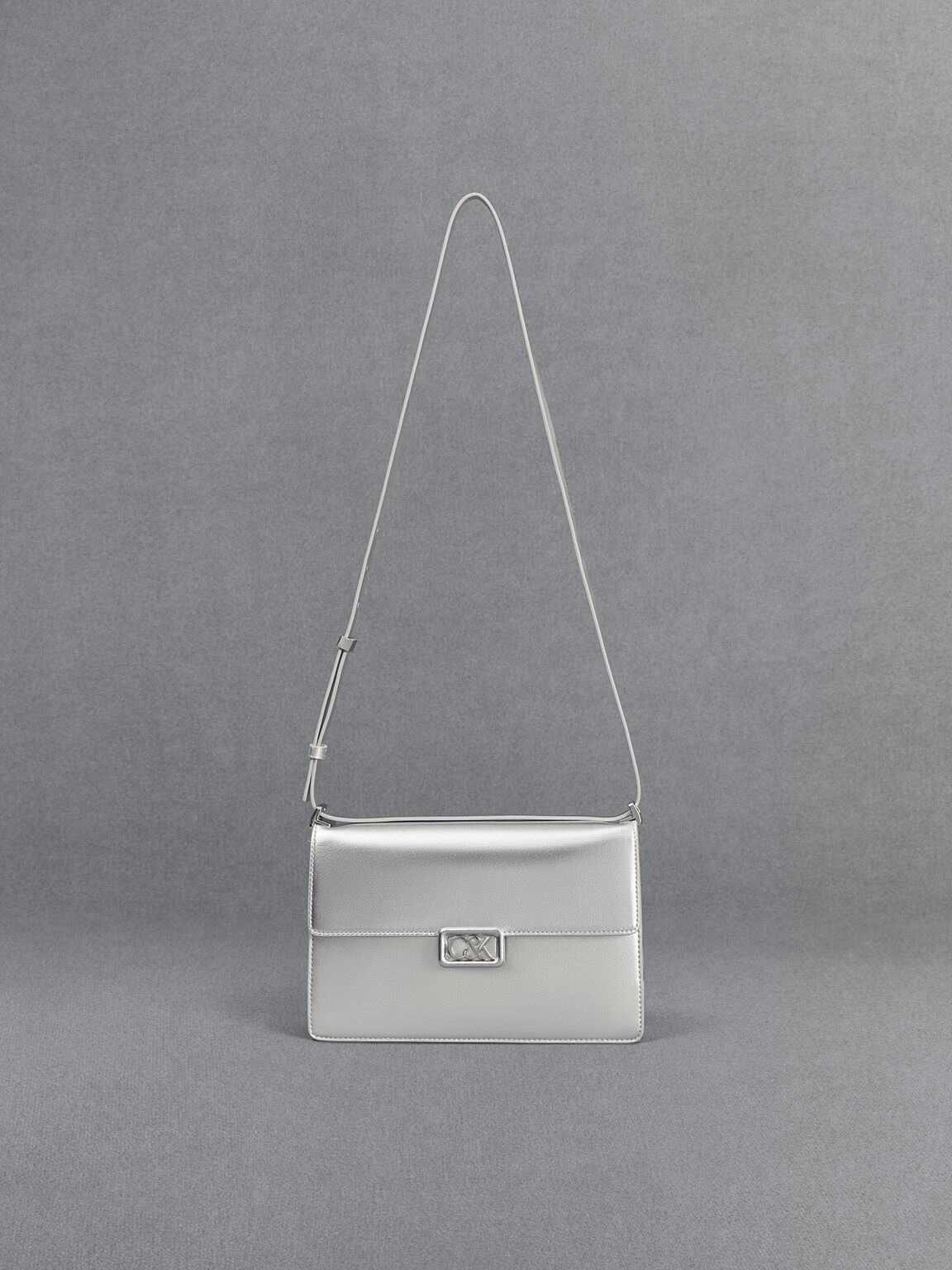 Silver Metallic Leather Shoulder Bag - CHARLES & KEITH UK