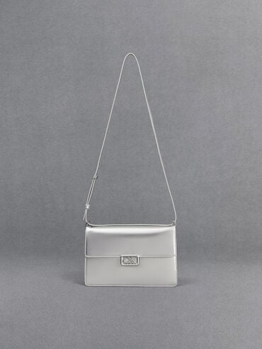 Metallic Leather Shoulder Bag, Silver, hi-res
