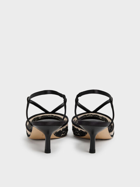 Satin Embroidered-Mesh Slingback Kitten Heels, Black Textured, hi-res