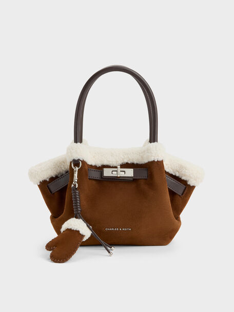 Mini Cosima Fur-Trim Tote Bag, Pecan Brown, hi-res
