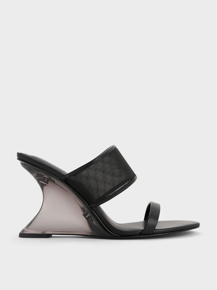 Mesh Sculptural-Heel Wedges, Black Textured, hi-res