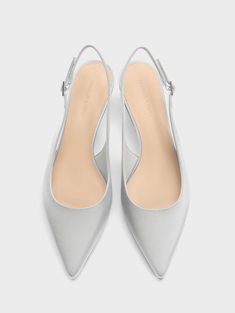 Satin Pointed-Toe Crystal-Heel Slingback Pumps, Silver, hi-res