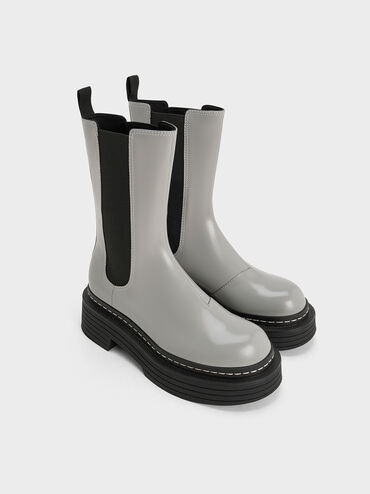Stitch-Trim Platform Mid-Calf Chelsea Boots, Grey, hi-res