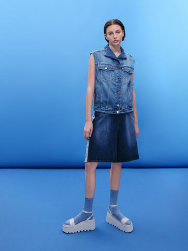 Ridged-Sole Ankle-Strap Flatform Sandals, Light Grey, hi-res