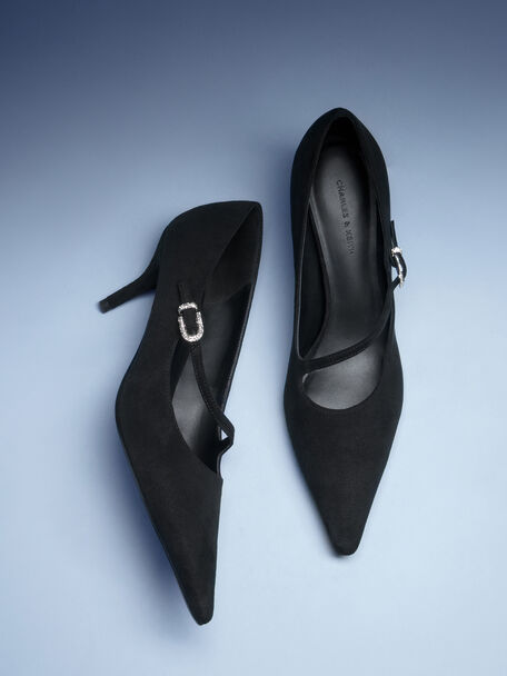 Faux Suede Asymmetric-Strap Pumps, Black Textured, hi-res