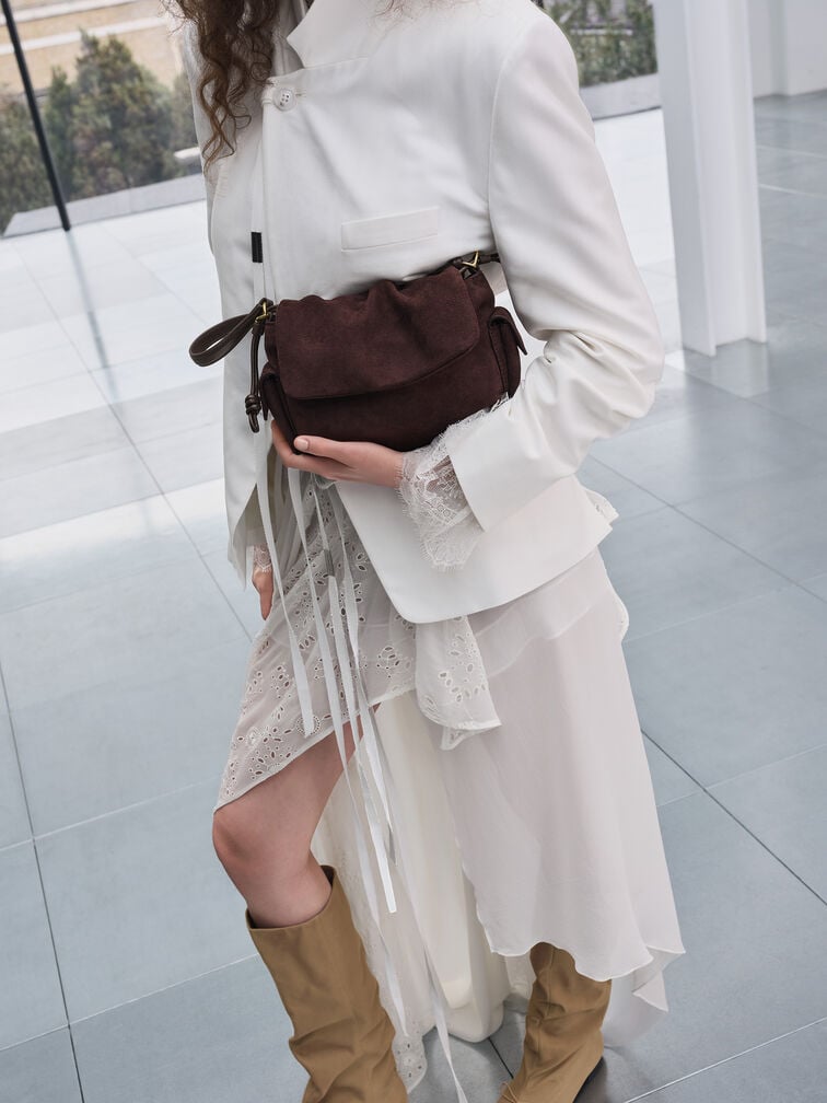 Khai Recycled Suede Ruched-Flap Side-Pocket Top Handle Bag, Espresso Brown, hi-res