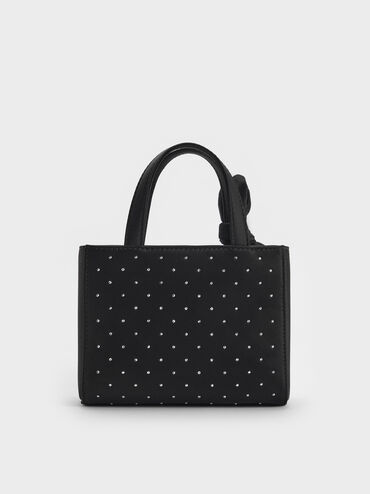 Satin Studded Knot-Bow Mini Bag, Noir Studded Satin, hi-res