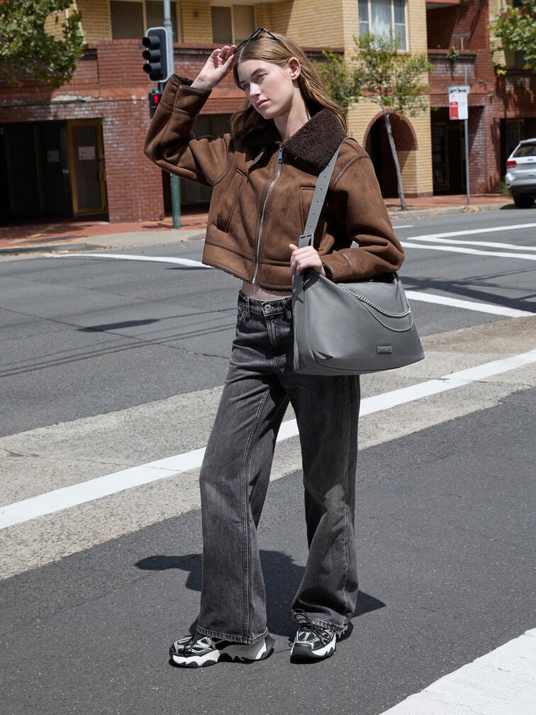 Nylon Chain-Link Slouchy Shoulder Bag, Grey, hi-res