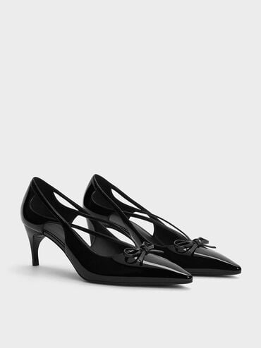 Patent Cut-Out Bow Kitten-Heel Pumps, Black Patent, hi-res