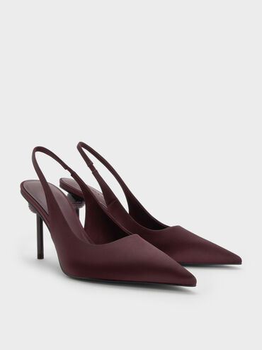 Satin Crystal-Embellished Ball-Heel Pointed-Toe Slingback Pumps, Burgundy, hi-res