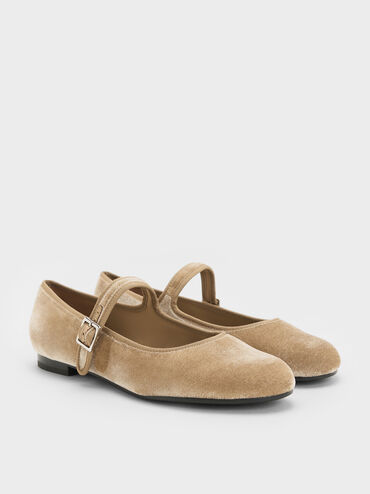 Carmel Velvet Buckled Mary Jane Flats, Beige, hi-res